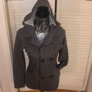 Billabong Gray Zip Up Cotton Moto  Jacket Peacoat Button Detail Fleece inside.